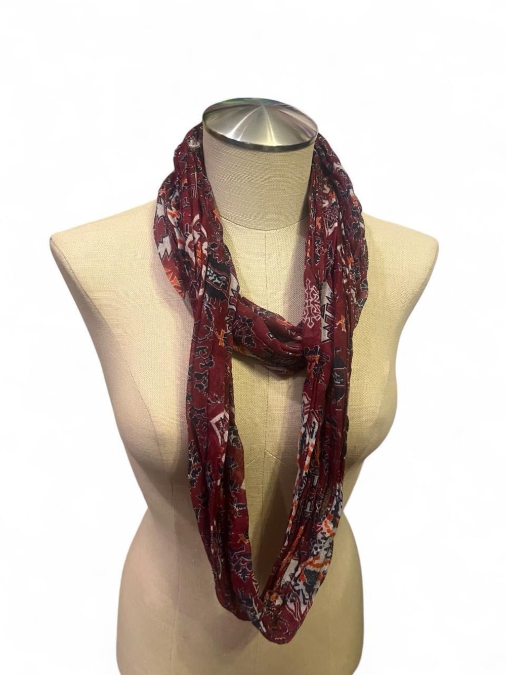 Lightweight Burgundy Patterned Infinity Scarf - Women Accessories